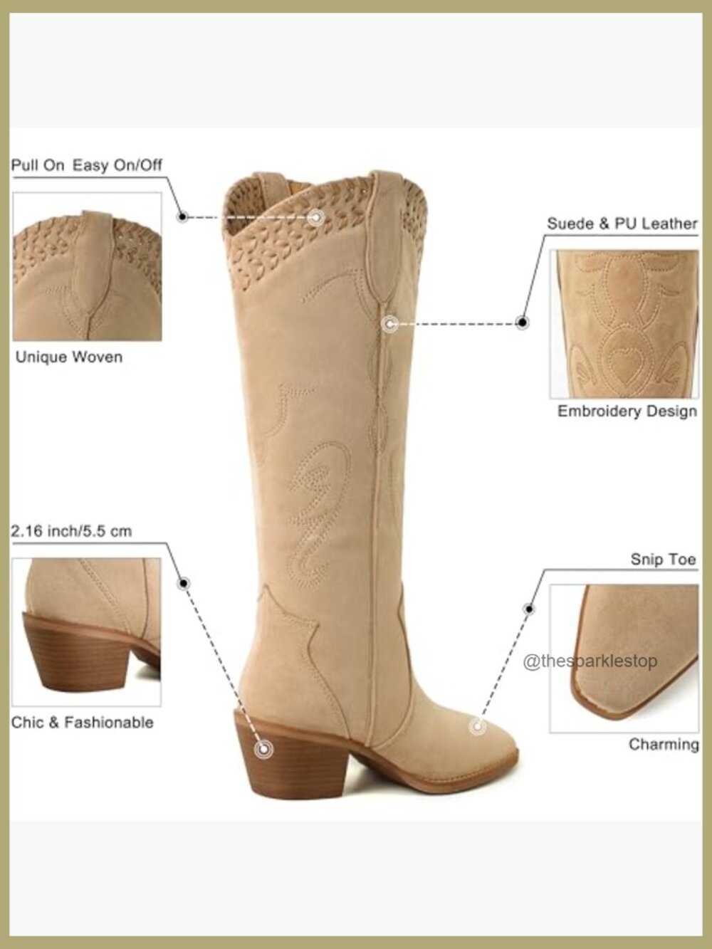 Embroidered Square Toe Chunky Heel Western Boots Pull On - Picture 5 of 7